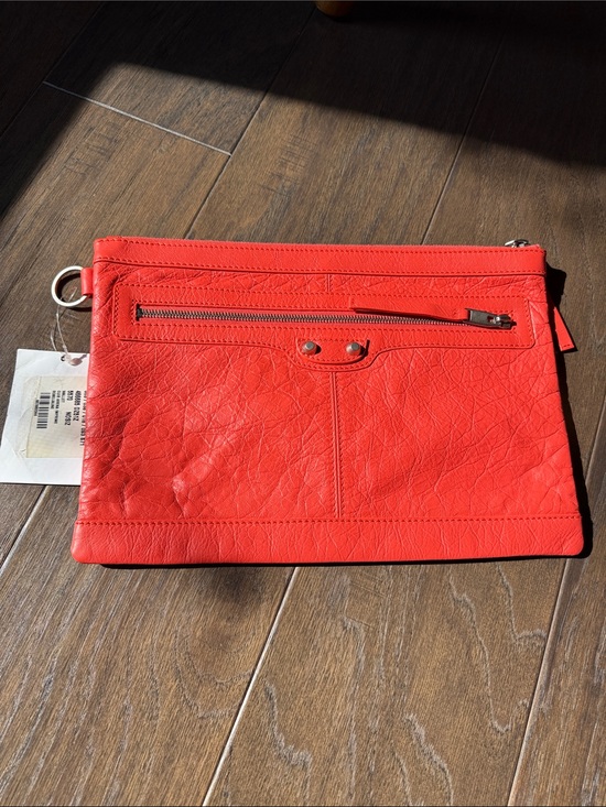 Balenciaga Handbags - Balenciaga Coral Red Leather Zip Pouch Clutch
